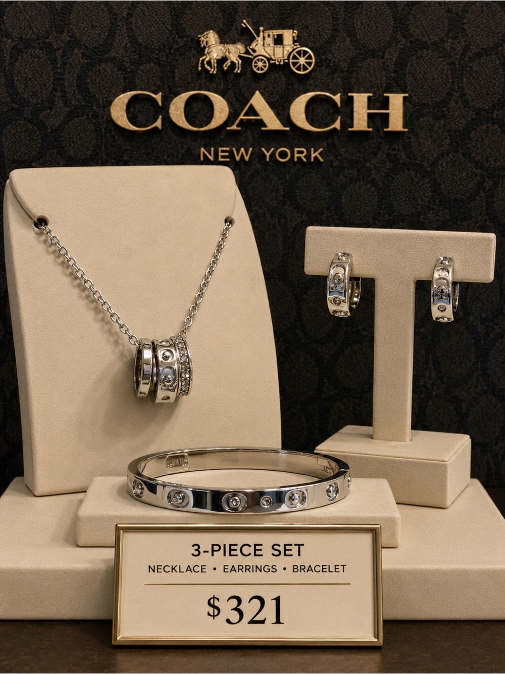 Coach Silver-Tone 3-Piece Necklace, Hoop Earrings & Bangle with Crystal Accents